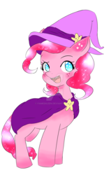 Size: 1024x1639 | Tagged: safe, artist:famedileen, pinkie pie, earth pony, pony, g4, blushing, cloak, clothes, female, hat, simple background, solo, watermark, white background, witch hat