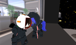 Size: 1308x768 | Tagged: safe, oc, oc only, oc:ebony inks, oc:logic gate, bat pony, pony, unicorn, blue, n7 armor, nose piercing, piercing, romantic, second life, solaris space station, space, spacesuit, touching helmets, white