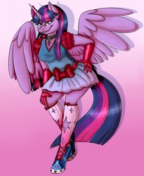 Size: 1049x1280 | Tagged: safe, artist:sinligereep, twilight sparkle, alicorn, anthro, unguligrade anthro, g4, clothes, dress, female, gloves, hand on hip, kneesocks, necklace, shoes, simple background, smiling, socks, solo, twilight sparkle (alicorn)