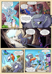 Size: 1280x1814 | Tagged: safe, artist:foldeath, artist:pencils, limestone pie, princess celestia, princess luna, rainbow dash, twilight sparkle, oc, oc:moonglow twinkle, oc:sky shatter, alicorn, earth pony, pegasus, pony, unicorn, comic:anon's pie adventure, g4, armor, bow, cave, comic, cracking joints, crown, eye contact, female, flying, frown, glasses, gritted teeth, happy, jewelry, looking at each other, male, mare, moonbutt, necklace, pain star, regalia, scrunchy face, sitting, smiling, speech bubble, stallion, tail bow, thought bubble, twilight sparkle (alicorn), wing cramp
