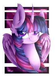 Size: 1460x2019 | Tagged: safe, artist:cloud-drawings, twilight sparkle, alicorn, pony, bust, curved horn, cute, ear fluff, female, mare, portrait, simple background, smiling, solo, transparent background, twiabetes, twilight sparkle (alicorn)