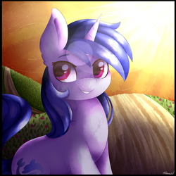 Size: 2500x2500 | Tagged: safe, artist:cloud-drawings, sea swirl, seafoam, pony, unicorn, g4, crepuscular rays, cute, female, grin, high res, mare, scenery, seadorable, sitting, smiling, solo, sun