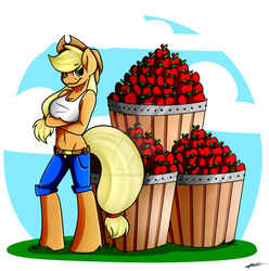 Size: 1024x1032 | Tagged: safe, artist:tobyqu33n123, applejack, earth pony, anthro, unguligrade anthro, g4, apple, belly button, breasts, bucket, busty applejack, cleavage, clothes, female, food, midriff, short pants, smiling, solo, tank top, watermark