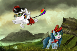 Size: 3000x2000 | Tagged: safe, artist:shogundun, oc, oc only, oc:lightning bliss, oc:mad munchkin, alicorn, earth pony, pony, alicorn oc, clothes, crepuscular rays, female, flying, goggles, grass field, hat, high res, ocean, open mouth, scarf, scenery