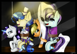 Size: 5000x3483 | Tagged: safe, artist:moonlight0shadow0, applejack, coloratura, rarity, sapphire shores, g4, absurd resolution, abuse, bondage, brush, chair, clothes, countess coloratura, crying, eyes closed, feather, hat, microphone, recording studio, rope, rope bondage, shoes, singing, smiling, sound booth, tickle torture, tickling, tied to chair, wat