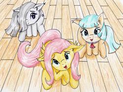 Size: 3010x2261 | Tagged: safe, artist:40kponyguy, derpibooru exclusive, coco pommel, fluttershy, marble pie, earth pony, pegasus, pony, g4, 40kponyguy is trying to murder us, :p, blushing, both cutie marks, cocobetes, cute, ear fluff, featured image, female, floppy ears, hair over one eye, hnnng, looking at you, looking up, marblebetes, mare, open mouth, raised hoof, shyabetes, sitting, smiling, the council of shy ponies, tongue out, traditional art, wooden floor