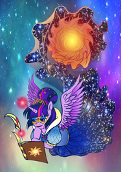 Size: 1654x2339 | Tagged: safe, artist:little-winged-angel, twilight sparkle, alicorn, pony, g4, clothes, dress, female, magic, mask, quill, solo, space, telekinesis, twilight sparkle (alicorn), writing