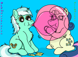 Size: 2283x1666 | Tagged: safe, artist:puffydearlysmith, bon bon, lyra heartstrings, sweetie drops, earth pony, pony, unicorn, g4, belly button, blue background, bon blob, bon bon is not amused, bubblegum, candy, chest fluff, chubby, duo, fat, food, gum, muffin, simple background, unamused