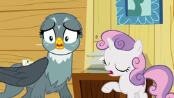 Size: 1920x1090 | Tagged: safe, screencap, gabby, sweetie belle, griffon, pony, unicorn, g4, the fault in our cutie marks, eyes closed, shocked, shrunken pupils