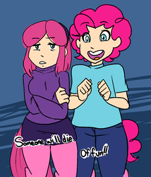 Size: 1030x1206 | Tagged: safe, artist:/d/non, oc, oc only, oc:mumble, oc:pogo, satyr, brother and sister, clothes, crossed arms, headband, offspring, pantyhose, parent:pinkie pie, parks and rec (show), siblings, skirt, text