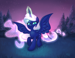 Size: 1200x928 | Tagged: safe, artist:1trick, oc, oc only, oc:evening rise, alicorn, pony, alicorn oc, glowing horn, horn, solo, spread wings
