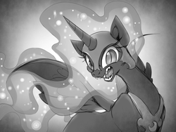 Size: 800x600 | Tagged: safe, artist:thegreatrouge, nightmare moon, alicorn, pony, g4, armor, black and white, female, grayscale, looking at you, mare, missing cutie mark, monochrome, open mouth, snarling, solo, spread wings