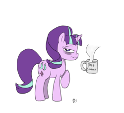 Size: 2315x2103 | Tagged: safe, artist:rougueone, starlight glimmer, pony, g4, bags under eyes, coffee, female, high res, morning ponies, raised hoof, simple background, solo, tired, white background