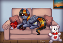 Size: 1879x1270 | Tagged: safe, artist:confetticakez, oc, oc only, pegasus, pony, candy, chocolate, couch, food, hearts and hooves day, solo