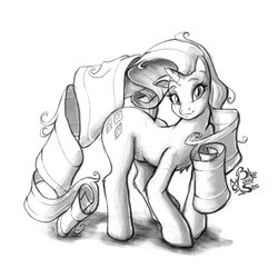 Size: 1000x1000 | Tagged: safe, artist:blue-paint-sea, rarity, pony, g4, female, grayscale, long mane, long tail, looking at you, monochrome, signature, simple background, smiling, solo, white background
