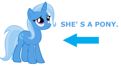 Size: 1208x662 | Tagged: safe, trixie, pony, unicorn, g4, arrow, captain obvious, caption arrow, female, missing accessory, simple background, solo, truth, white background