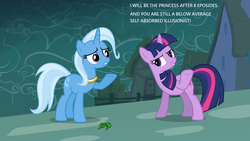 Size: 1920x1080 | Tagged: safe, edit, edited screencap, screencap, trixie, twilight sparkle, pony, unicorn, g4, magic duel, arrogant, female, mare, twibitch sparkle