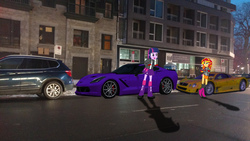 Size: 5344x3006 | Tagged: safe, sunset shimmer, twilight sparkle, equestria girls, g4, absurd resolution, bmw, bmw x3, canada, car, corvette, corvette c7, equestria girls in real life, irl, mercedes-benz, mercedes-benz clk gtr, montreal, photo, ponies in real life