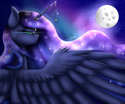 Size: 1024x853 | Tagged: safe, artist:jylaritaowo, artist:minelvi, princess luna, pony, g4, collaboration, female, horn, horn jewelry, jewelry, moon, night, rear view, solo, spread wings