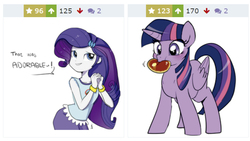 Size: 2726x1542 | Tagged: safe, artist:haden-2375, rarity, twilight sparkle, derpibooru, equestria girls, g4, bracelet, clothes, cute, dialogue, eating, eyeshadow, food, jewelry, juxtaposition, makeup, meta, nom, pancakes, simple background, smiling, twilight sparkle (alicorn), white background