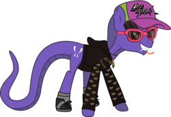 Size: 1886x1293 | Tagged: safe, artist:lightningbolt, derpibooru exclusive, cobra, hybrid, original species, pony, snake pony, g4, .svg available, bedroom eyes, clandestine industries, clothes, cobra hood, cobra starship, fangs, forked tongue, gabe saporta, glasses, hat, hoodie, long tail, looking at you, male, messy mane, ponified, shirt, shoes, show accurate, simple background, socks, solo, stallion, sunglasses, svg, transparent background, undershirt, vector, while the city sleeps we rule the streets, zipper