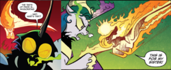 Size: 702x289 | Tagged: safe, idw, official comic, princess celestia, queen chrysalis, alicorn, changeling, pony, fiendship is magic #5, g4, my little pony: fiendship is magic, reflections, spoiler:comic, spoiler:comic20, dialogue, evil celestia, evil counterpart, fire, holeless, horn, mirror universe, on fire, text, vengeance, wings