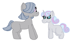 Size: 569x317 | Tagged: safe, artist:glamgoria-morose, oc, oc only, oc:dovetail shuffle, oc:mercury fold, earth pony, pony, unicorn, blank flank, female, filly, hair over one eye, magical lesbian spawn, offspring, parent:maud pie, parent:trixie, parents:mauxie, simple background, white background