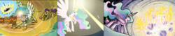 Size: 1051x218 | Tagged: safe, screencap, princess celestia, spike, alicorn, dragon, earth pony, pony, a canterlot wedding, g4, beam, force field, magic