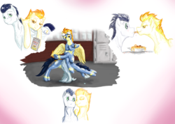 Size: 2370x1689 | Tagged: safe, artist:testostepone, soarin', spitfire, pony, g4, clothes, collage, food, male, painting, pasta, ship:soarinfire, shipping, sketch, spaghetti, spaghetti scene, straight, uniform, wing-ups, wonderbolts uniform