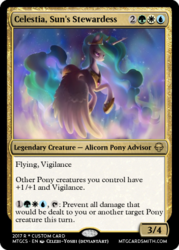 Size: 375x523 | Tagged: safe, artist:dawnfire, edit, editor:mordekaiserhuehuehue, princess celestia, pony, g4, beautiful, card, colored pupils, female, flying, glowing, magic the gathering, solo, trading card, trading card edit