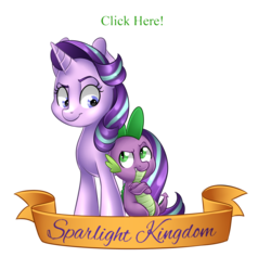 Size: 1940x1837 | Tagged: safe, artist:scarlet-spectrum, spike, starlight glimmer, dragon, g4, banner, commission, crossed arms, leaning, looking at each other, male, ship:sparlight, shipping, simple background, smiling, straight, transparent background