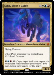 Size: 375x523 | Tagged: safe, artist:dawnfire, edit, editor:mordekaiserhuehuehue, princess luna, pony, g4, backlighting, card, colored pupils, female, flying, magic the gathering, solo, sunset, trading card, trading card edit