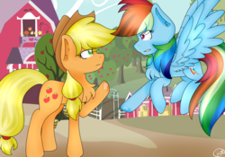 Size: 4102x2870 | Tagged: safe, artist:cosmiickatie, applejack, rainbow dash, g4, chest fluff, competition, cowboy hat, eye contact, floating, hat, high res, iron pony, looking at each other, profile, raised hoof, signature, spit, spread wings, stetson, sweet apple acres, wings