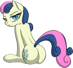 Size: 2590x2389 | Tagged: safe, artist:datapony, bon bon, sweetie drops, pony, g4, bon bon is not amused, bon butt, butt, colored pupils, female, grumpy, high res, lidded eyes, looking at you, looking back, plot, pouting, simple background, sitting, solo, transparent background, unamused