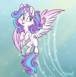 Size: 662x667 | Tagged: safe, artist:flourret, princess flurry heart, alicorn, pony, g4, :p, cheek fluff, chest fluff, ear fluff, female, flying, neck fluff, older, signature, solo, sparkles, spread wings, tongue out, unshorn fetlocks, wings