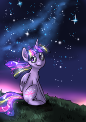 Size: 806x1148 | Tagged: safe, artist:not-ordinary-pony, twilight sparkle, alicorn, pony, g4, chest fluff, female, grass, looking back, night, night sky, rainbow power, scenery, sitting, solo, starry night, stars, twilight (astronomy), twilight sparkle (alicorn)