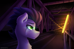 Size: 3000x2000 | Tagged: safe, artist:spirit-dude, soarin', pegasus, pony, g4, caution tape, colored pupils, crying, dark, glowing eyes, high res, lidded eyes, lights, male, sad, solo, wires