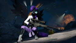 Size: 3840x2160 | Tagged: safe, artist:iflysna94, oc, oc only, oc:nyx, alicorn, anthro, plantigrade anthro, 3d, alicorn oc, anthro oc, clothes, explosion, female, gun, helicopter, high res, horn, mare, older, optical sight, rifle, serious, serious face, slit pupils, sniper, sniper rifle, solo, source filmmaker, spread wings, weapon, wings