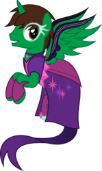 Size: 6400x10749 | Tagged: safe, artist:parclytaxel, oc, oc only, oc:frost d. tart, alicorn, pony, equestria girls, g4, my little pony equestria girls: friendship games, .svg available, absurd resolution, alicorn oc, armor, clothes, cosplay, costume, crossdressing, dress, flying, male, midnight sparkle, simple background, smiling, solo, stallion, transparent background, vector, wing armor