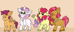 Size: 3200x1400 | Tagged: safe, artist:lxxjunebugxxl, apple bloom, babs seed, scootaloo, sweetie belle, classical unicorn, pony, unicorn, g4, alternate universe, cloven hooves, cutie mark crusaders, horn, leonine tail, neck bow, sad, unshorn fetlocks