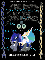 Size: 1808x2400 | Tagged: safe, artist:rmc1618, princess celestia, princess luna, queen chrysalis, oc, oc:aeclypse, oc:wanderlust, oc:æclypse, changeling, fanfic:the path of the unforgiven, g4, badly cut out, fanfic, fanfic art, fanfic cover, story cover