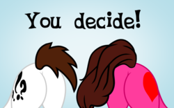 Size: 540x337 | Tagged: safe, artist:aarondrawsarts, oc, oc only, oc:brain teaser, oc:rose bloom, earth pony, pony, g4, brainbloom, butt, butt only, choice, contest, duo, female, gradient background, male, mare, plot, presenting, rosie butt, stallion, text, tumblr, you decide