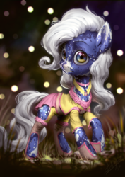 Size: 850x1200 | Tagged: safe, artist:assasinmonkey, oc, oc only, earth pony, pony, first contact war, clothes, female, grass, looking at something, mare, solo, white hair