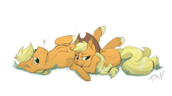 Size: 892x500 | Tagged: safe, artist:bypenandhoof, applejack, earth pony, pony, g4, applejack (male), duo, female, male, mare, misleading thumbnail, on back, prone, rule 63, self ponidox, selfcest, ship:applejacks, shipping, simple background, stallion, straight, straw