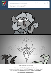 Size: 666x950 | Tagged: safe, artist:egophiliac, princess luna, oc, oc:autumn (egophiliac), oc:spring (egophiliac), moonstuck, g4, cartographer's cloak, filly, grayscale, lunar stone, monochrome, moon roc, prophecy, woona, younger
