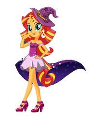 Size: 442x590 | Tagged: safe, sunset shimmer, equestria girls, g4, clothes, dress, ear piercing, earring, facebook, female, hat, jewelry, piercing, simple background, solo, trixie's hat, white background
