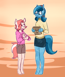 Size: 801x951 | Tagged: safe, artist:redxbacon, oc, oc only, oc:coral, oc:historia, crystal pony, anthro, unguligrade anthro, book, clothes, cute, glasses, hoodie, miniskirt, shorts, sign language, skirt, sweater