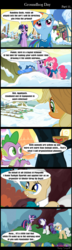 Size: 640x2220 | Tagged: safe, artist:bredgroup, edit, edited screencap, screencap, applejack, mayor mare, pinkie pie, rainbow dash, rarity, spike, twilight sparkle, dragon, comic:groundhog day, g4, winter wrap up, comic, groundhog day, screencap comic