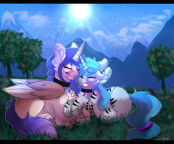 Size: 2000x1650 | Tagged: safe, artist:zaphyray, oc, oc only, alicorn, pony, unicorn, chest fluff, male, mountain, prone, stallion, sun, tree