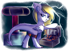 Size: 3507x2480 | Tagged: safe, artist:yulyeen, oc, oc only, oc:ardana, dracony, dragon, hybrid, electricity, floppy disk, high res, solo, suitcase, tesla coil
